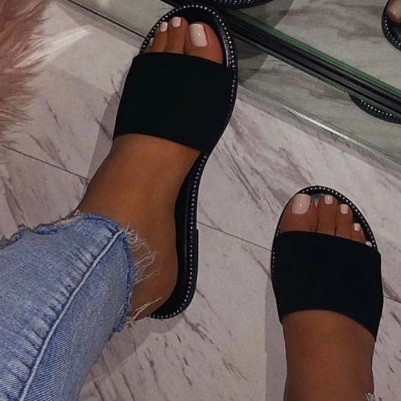 Blair Rhinestone Trim Slides- Black