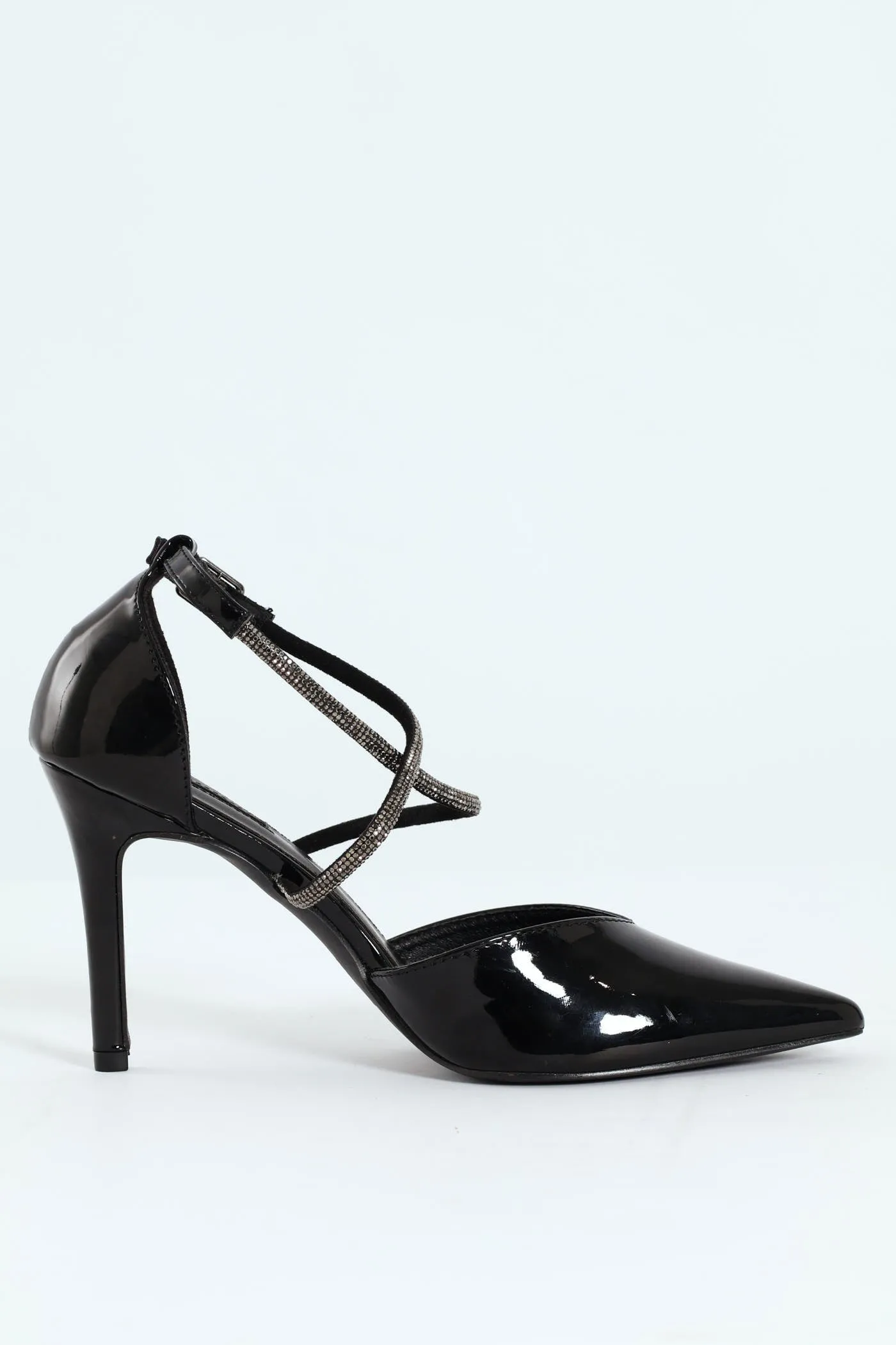 Diamante Cross Strap Court Heel - Black