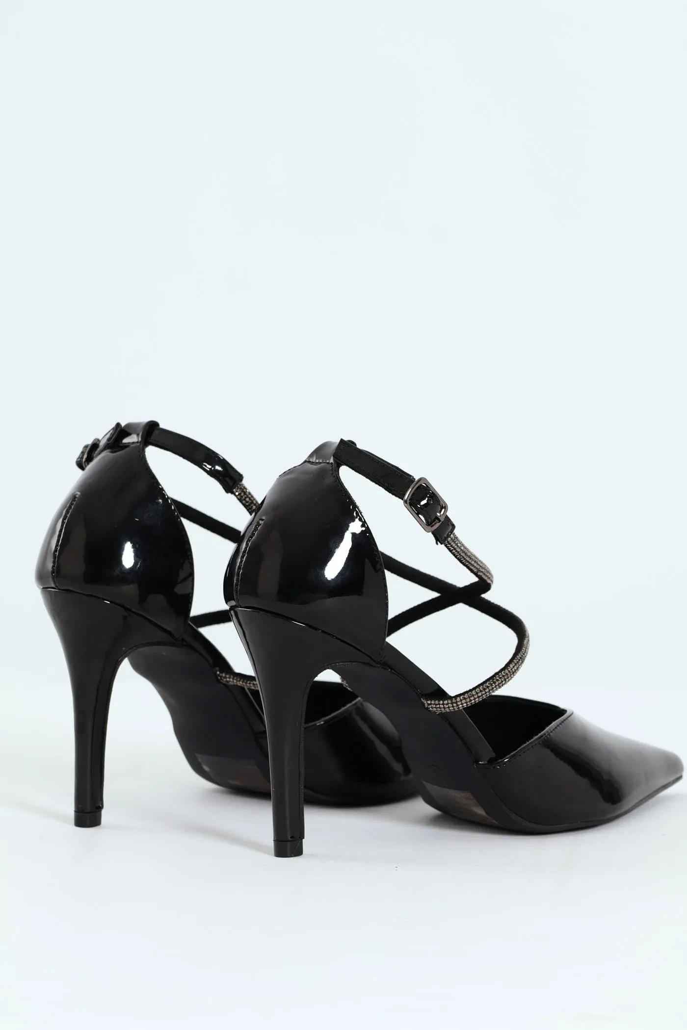Diamante Cross Strap Court Heel - Black