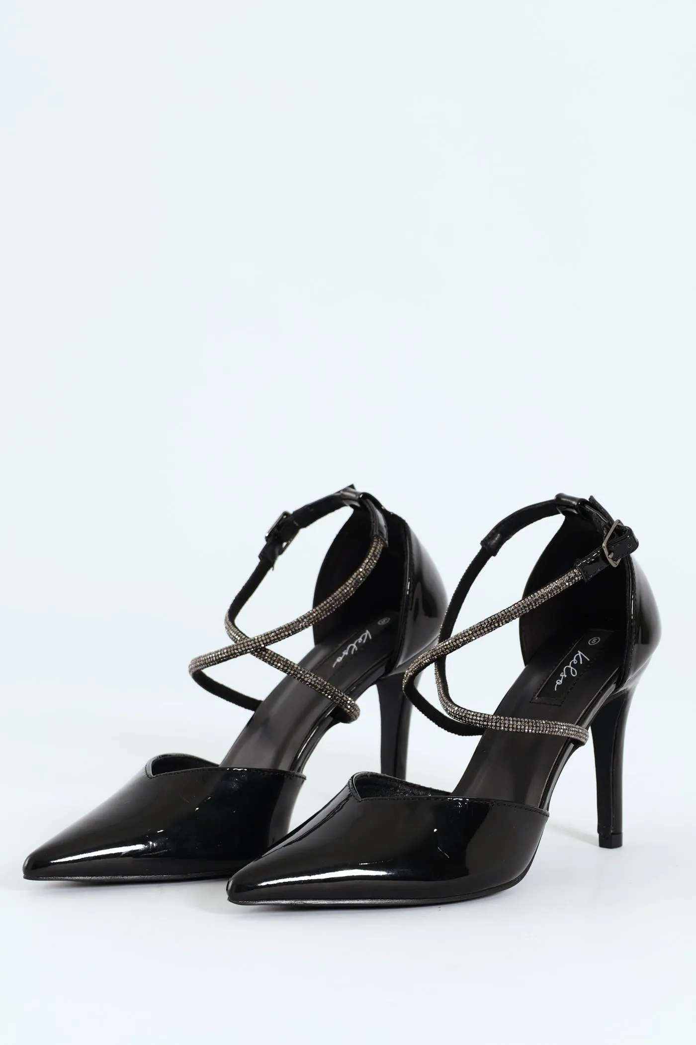 Diamante Cross Strap Court Heel - Black