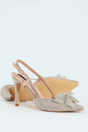 Diamante Encrusted With Bow Detail Slingback Heel - Silver