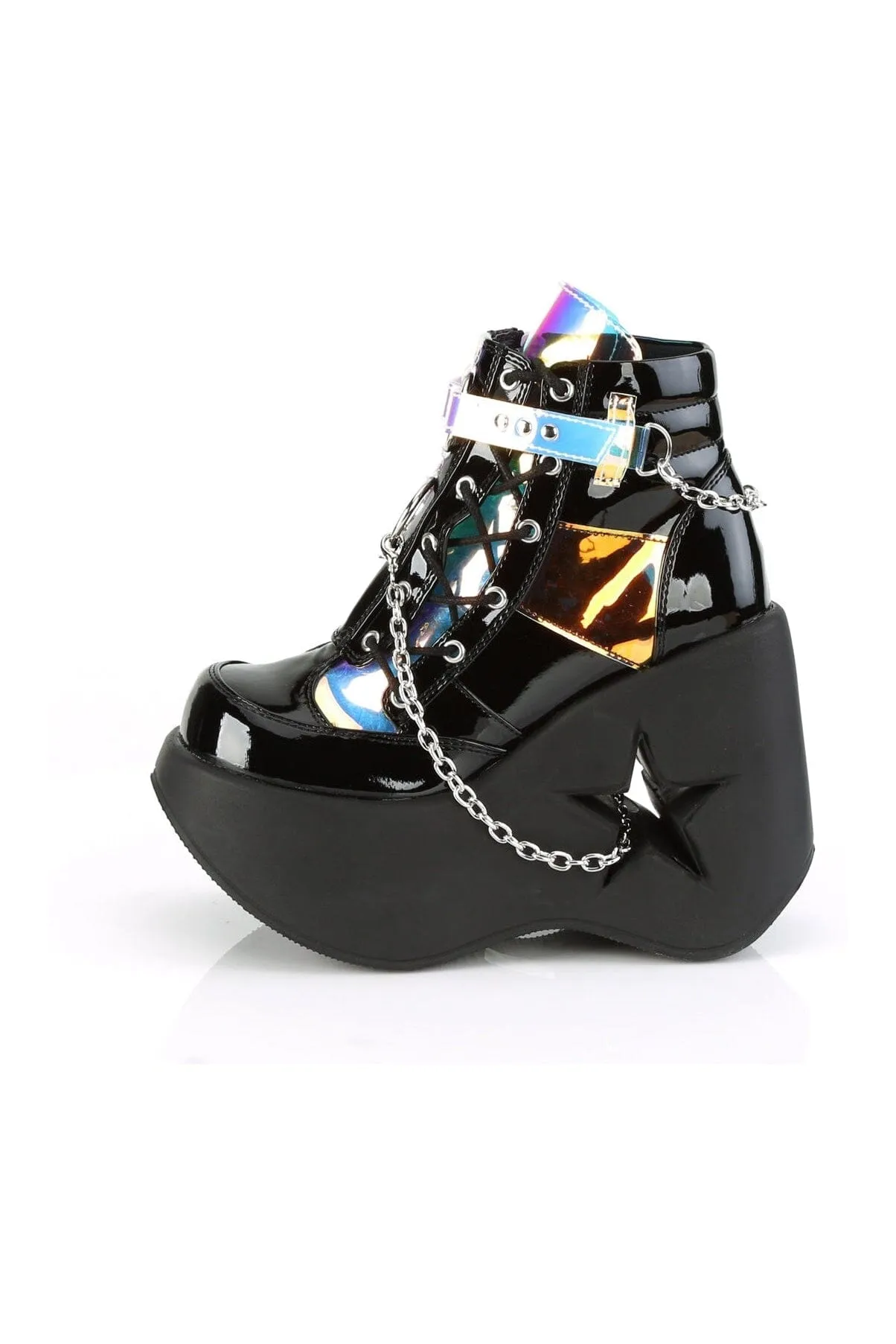 DYNAMITE-101 Black Hologram Patent Ankle Boot