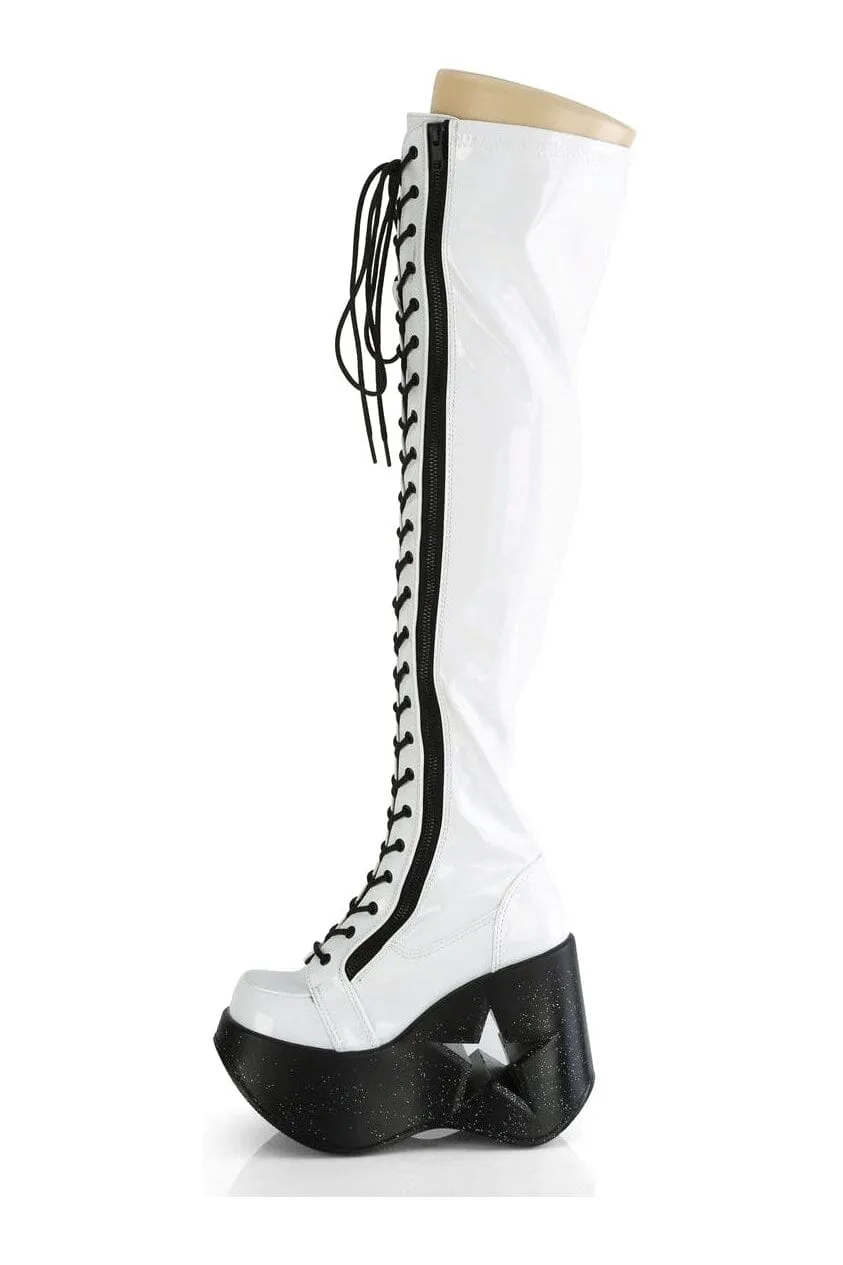 DYNAMITE-300 White Hologram Patent Thigh Boot