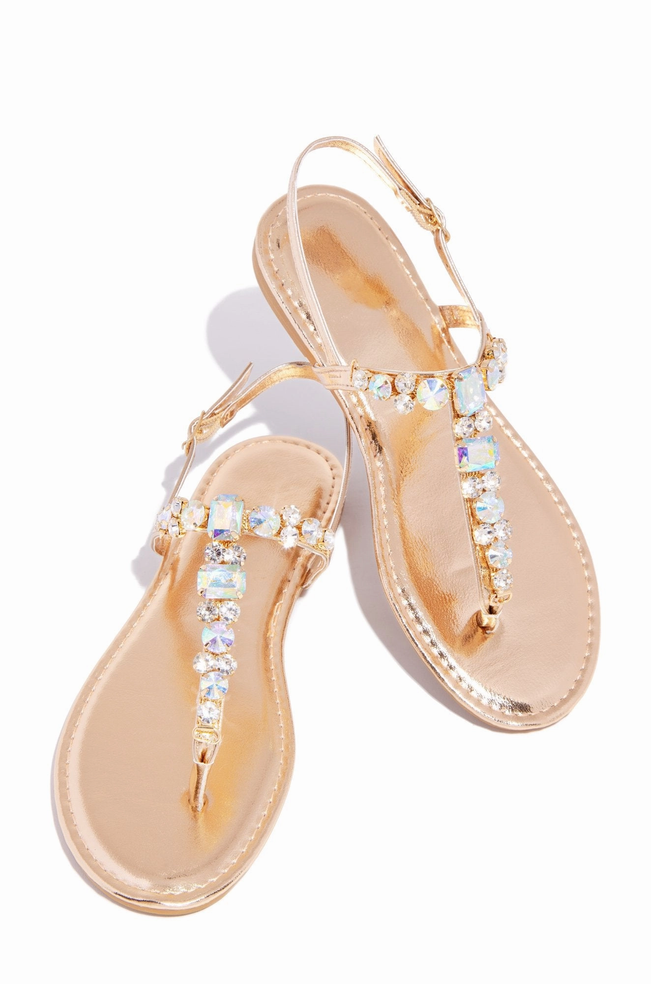 Eleanna  Rhinestone T- Strap Sandals- Rose Gold