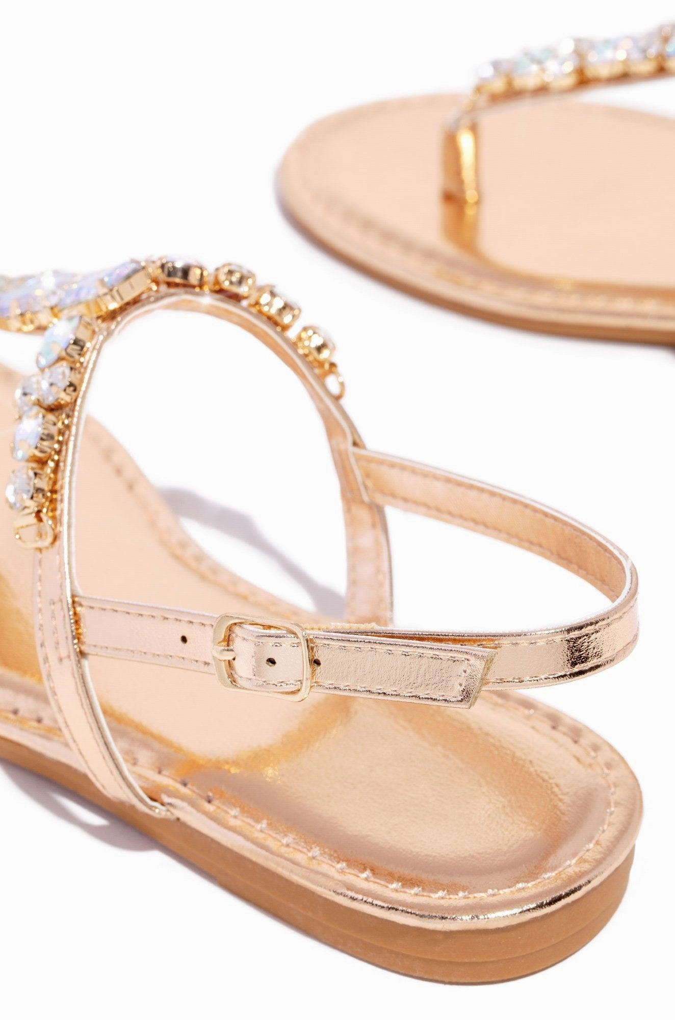 Eleanna  Rhinestone T- Strap Sandals- Rose Gold