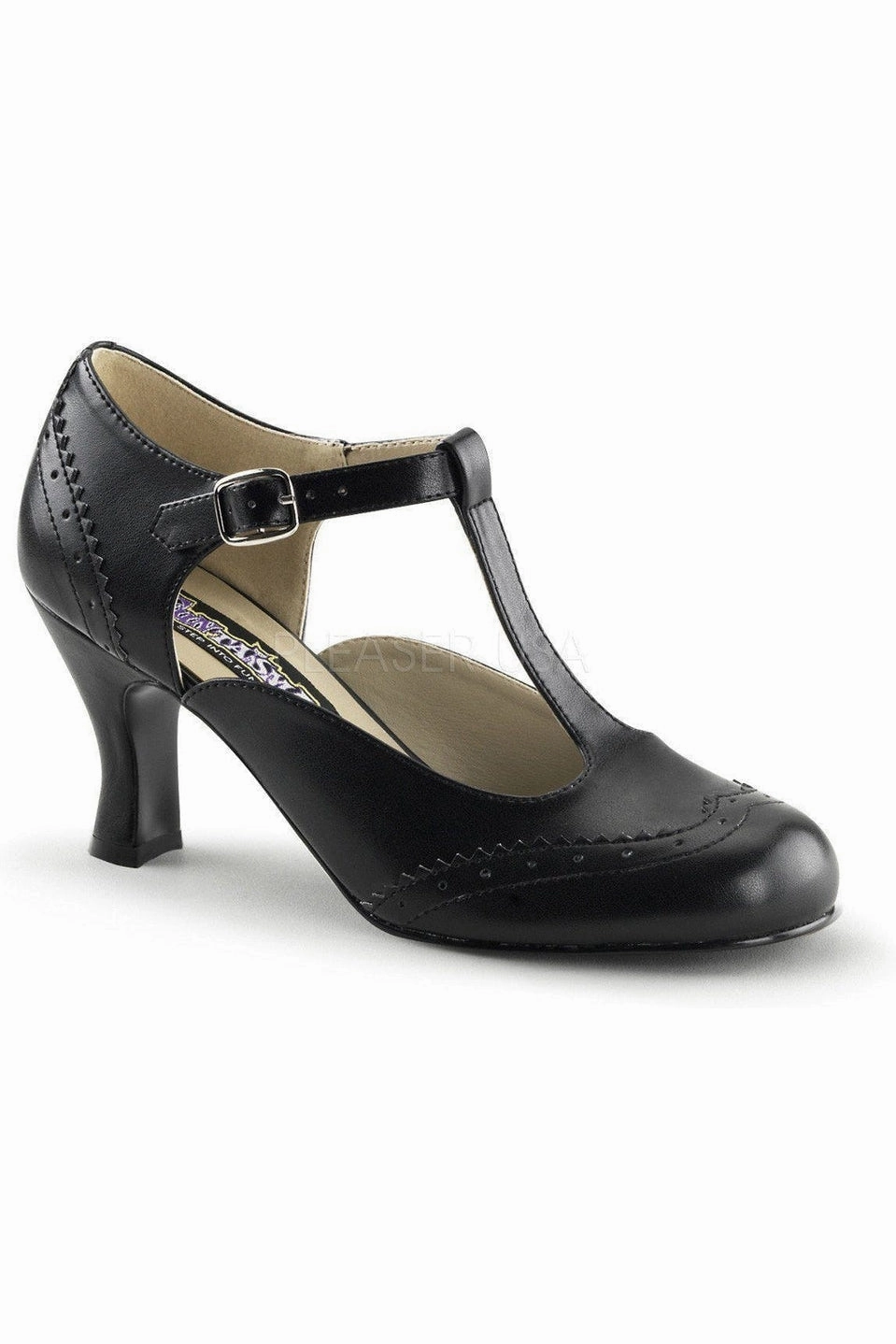 FLAPPER-26 T-Strap | Black Faux Leather