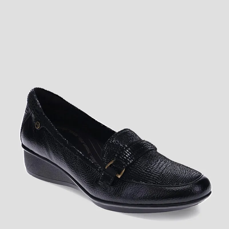MONTMARTE - BLACK LIZARD PRINT LEATHER WEDGE LOAFER