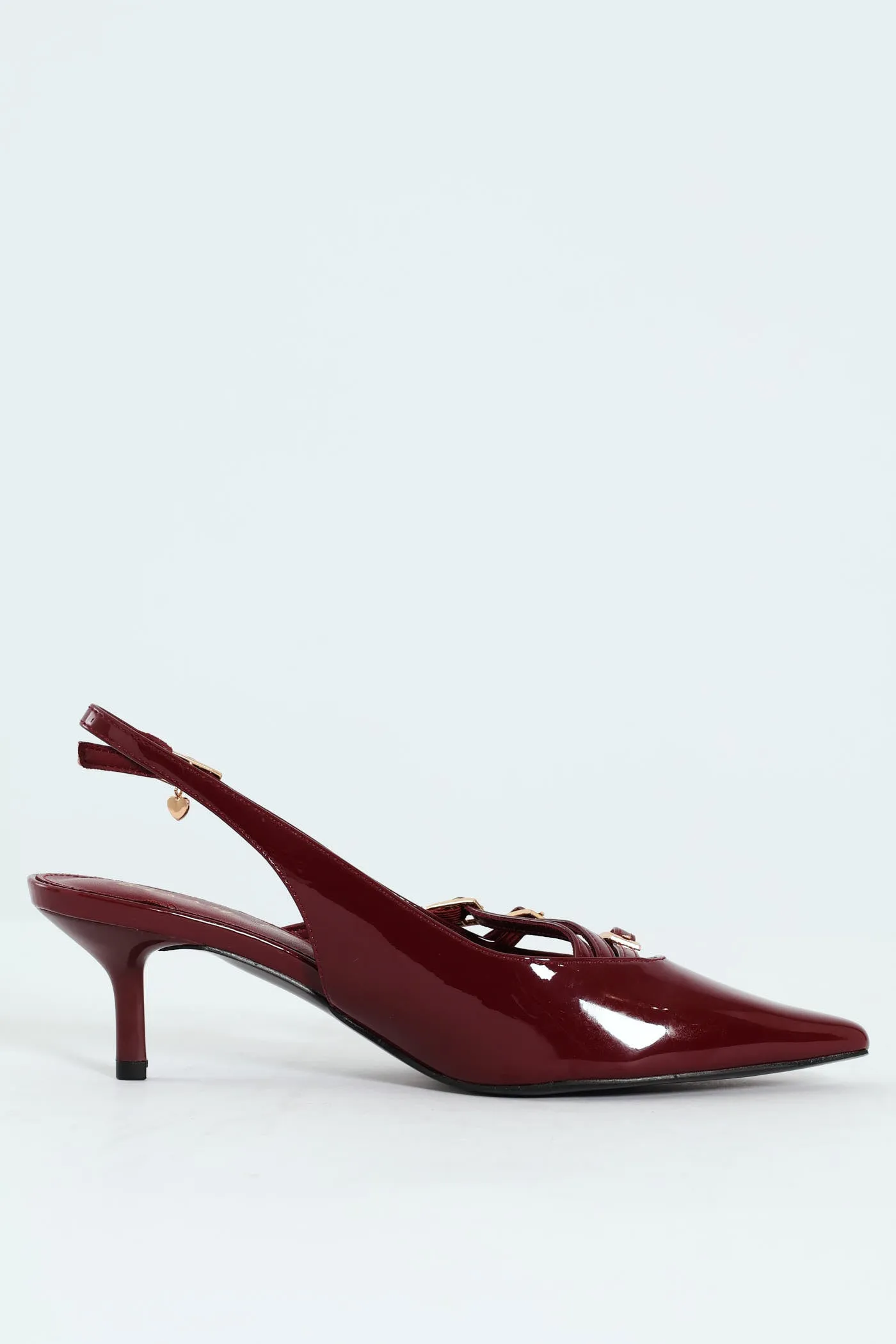Multi Buckle Pointed Toe Slingback Heel - Red