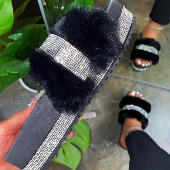 Nia Black Fur Sandals