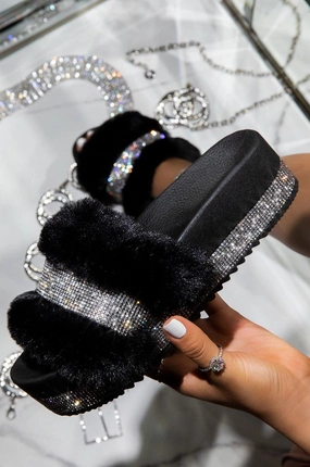 Nia Black Fur Sandals