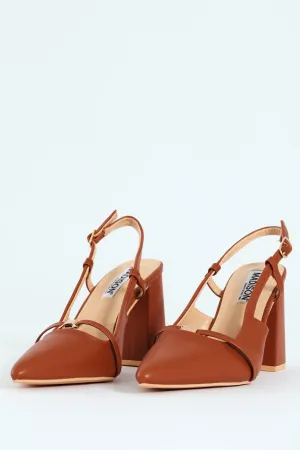 Pointed Toe Block Slingback Heel - Tan