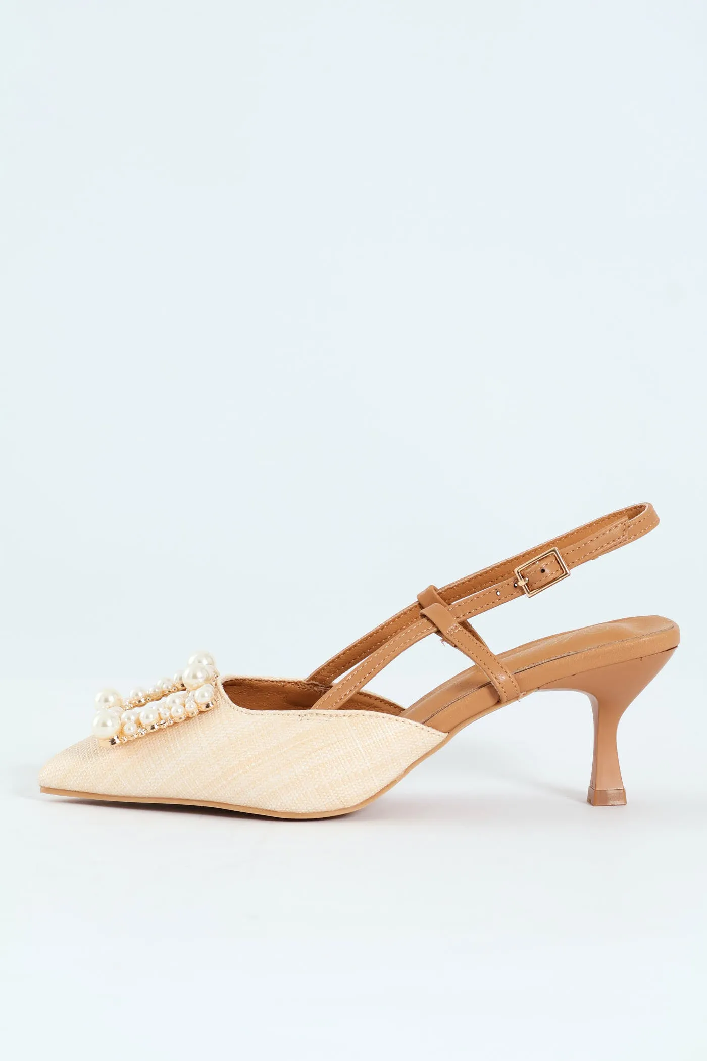 Raffia Slingback With Diamante Kitten Heel - Off White
