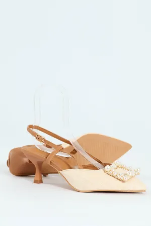 Raffia Slingback With Diamante Kitten Heel - Off White