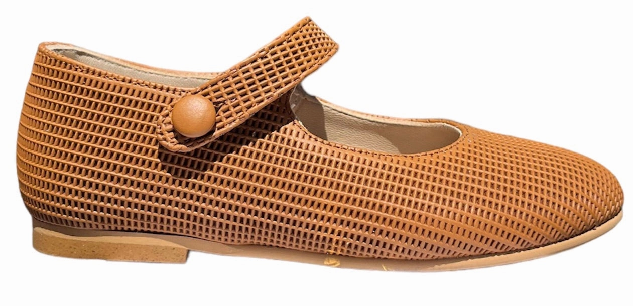 Shawn & Jeffery Tan Pressed Leather Button Mary Jane