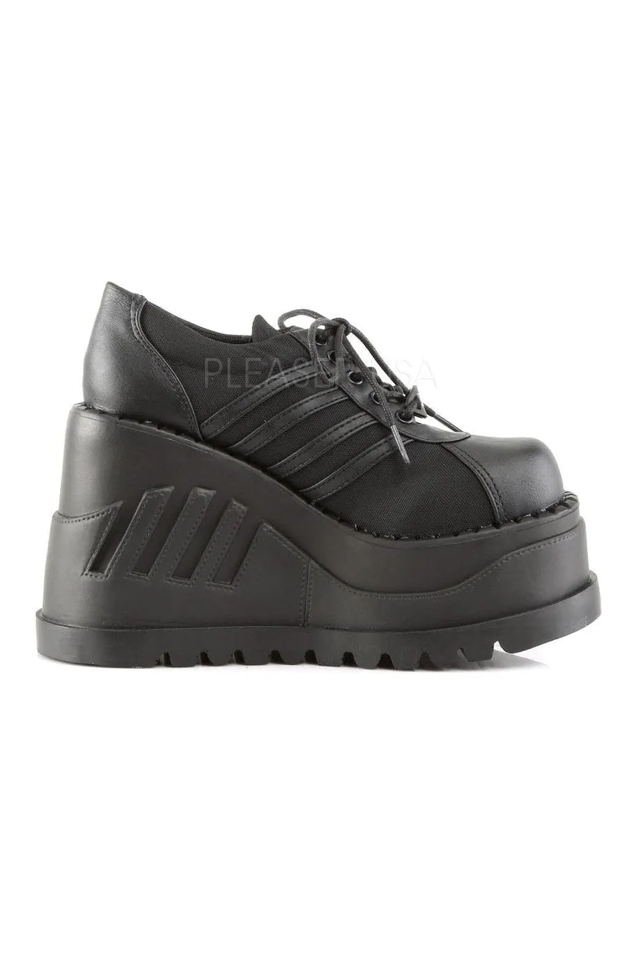 STOMP-08 Demonia Wedge | Black Faux Leather